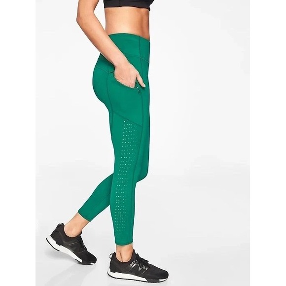 Athleta Active Contender Laser Cut 7/8 Leggings Size Medium Jade Green 445901-03 - Picture 2 of 10